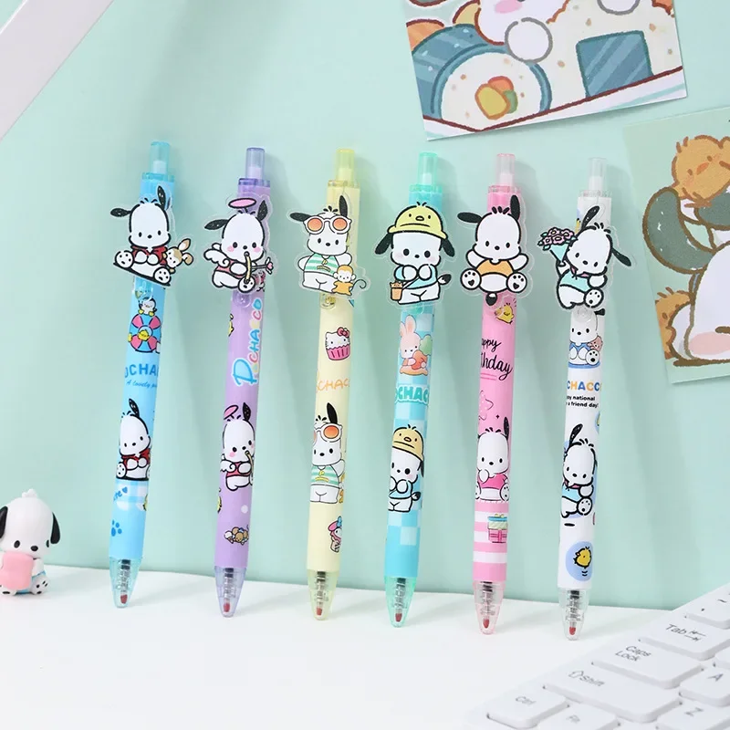 Sanrio 24/48pcs Gel Pens Cartoon Pochacco Acrylic Patch Press Pen Black Ink 0.5mm Student School Supplies Cute Children's Prizes