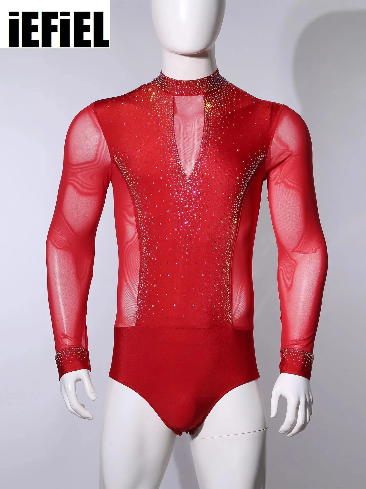 Männer Latin Dance Kostüm Langarm Strass Mesh Trikot Body Shirts Und Tanz Hosen Gymnastik Skating Chacha Dancewear