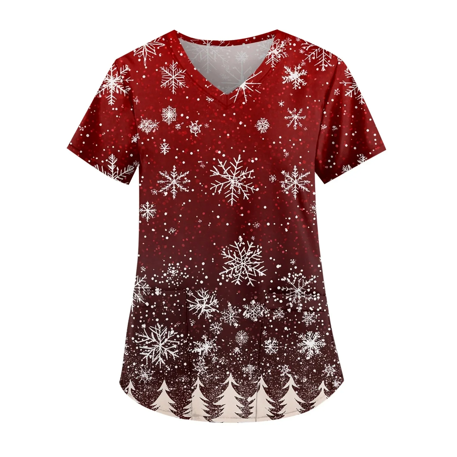 女性のクリスマス看護ユニフォーム、医療用スクラブ、花柄、Vネックポケット、漫画看護スクラブ、半袖