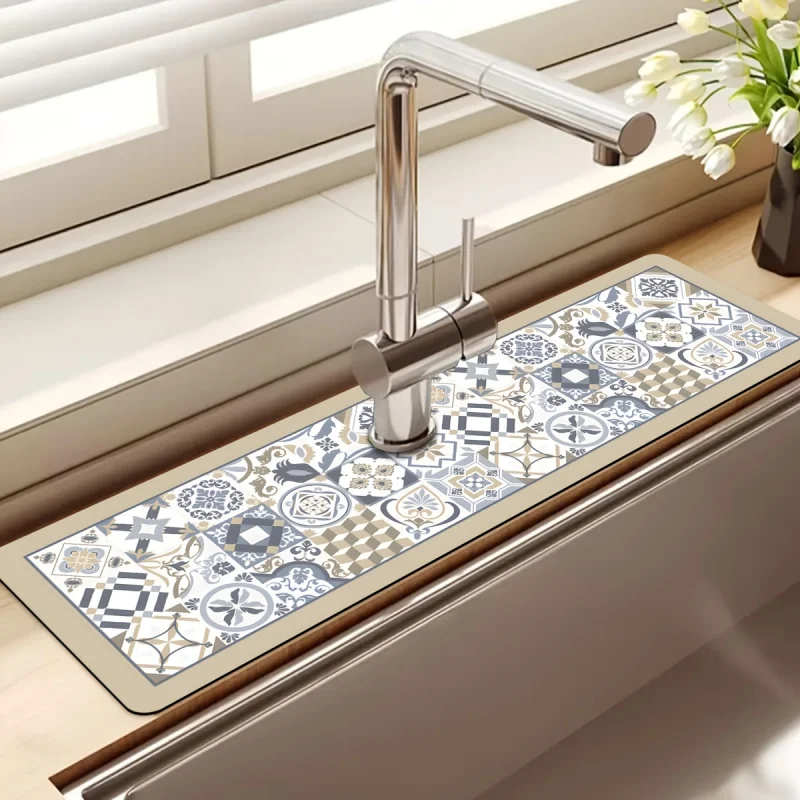 VIKAMA Blue and Gold Vintage Floral Tile Sink Drain Mat – Non-Slip, Quick-Drying Kitchen Faucet Countertop Absorbent Mat