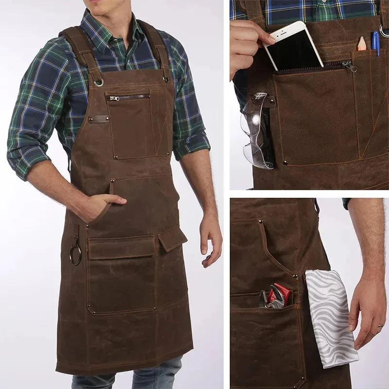 Super Thick Waxed Coating Waterproof Canvas Auto Mechanic Lumberjack Multifunctional Pocket Woodworking Large Size Apron For Man