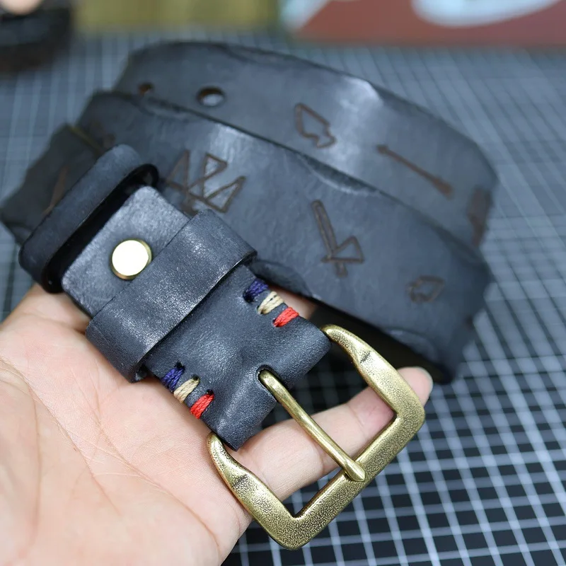 حزام رأس جلد البقر للرجال جينز ريترو برونزي دبوس فئة حزام ربطات عنق غير رسمية