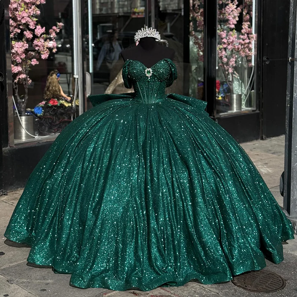 Emerald Green Off The Shoulder Ruffles Ball Gown Quinceanera Dresses Glitter Crystal Beading Customized Vestidos De XV Anos