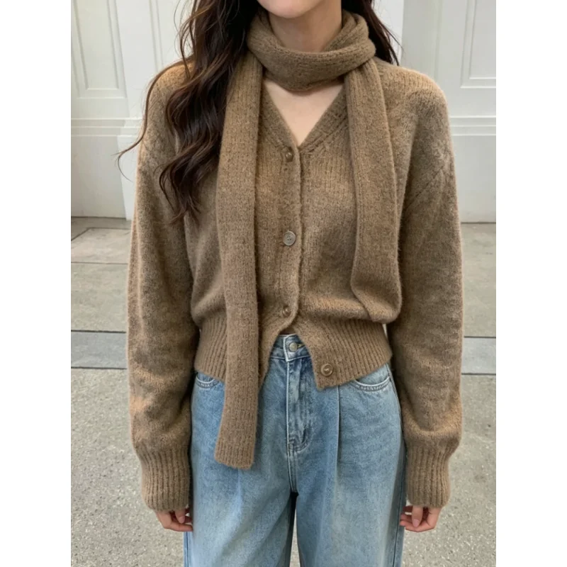 New Autumn and Winter Solid Color Long Sleeved Casual Korean Knitted Cardigan Fashion Simple Scarf Women's Sweater