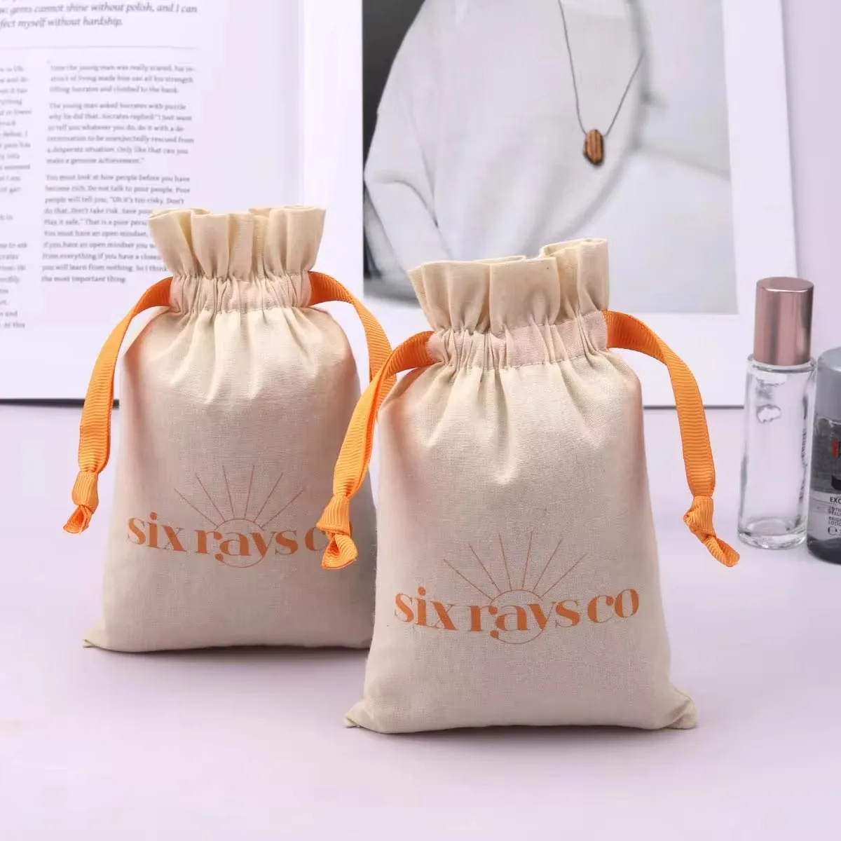 Custom Logo Printed Organic Cotton  Bag Drawstring Eco Jewelry Gift Wedding Packing Dust Pouch