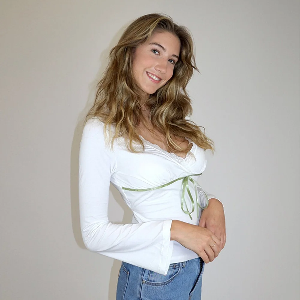 Ins Style New Women's V-Neck Lace Trim Bow Long Sleeve Sexy Slim Fit T-Shirt