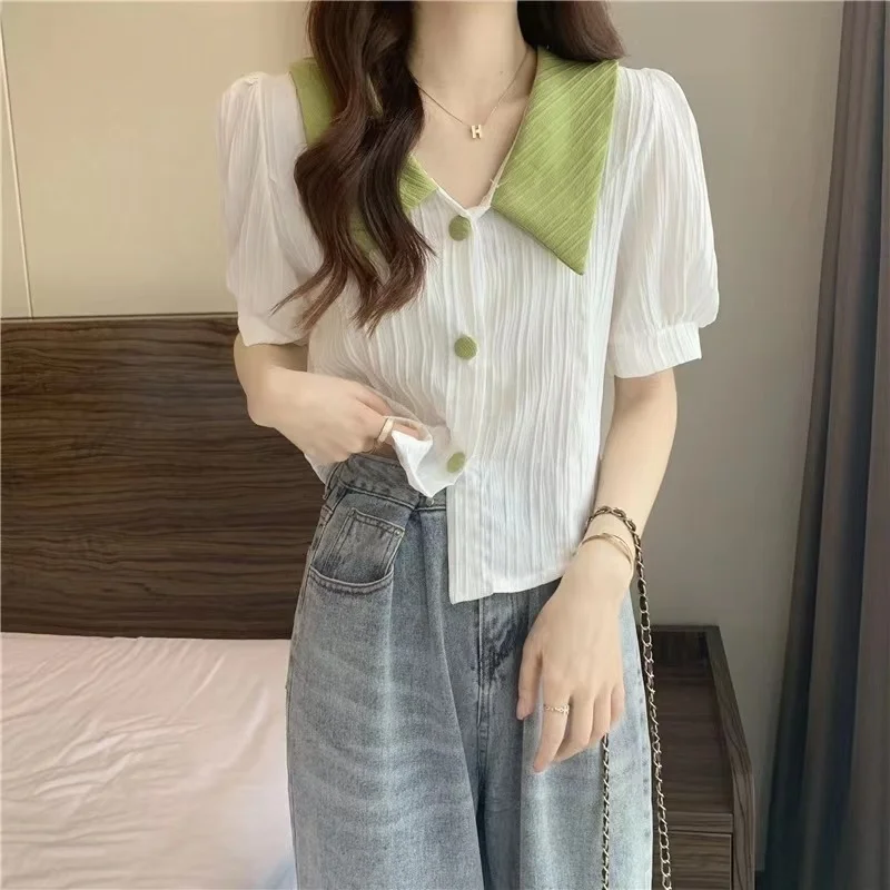 

M-4XL Large Size Shirring Shirts Women Summer Fashion Puff Sleeve Peter Pan Collar Blouse Oversize Splicing Tops 2023 Clothing