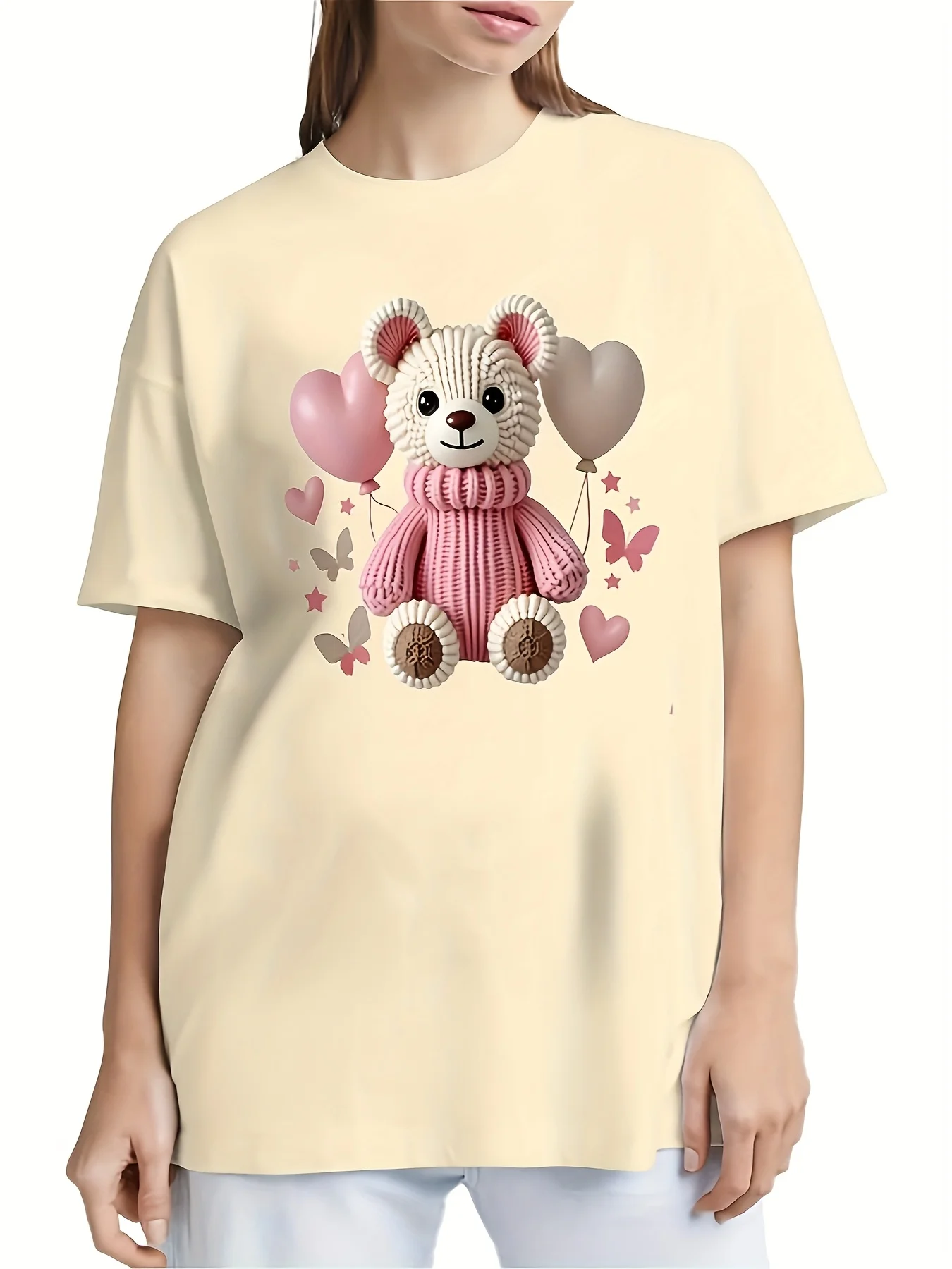 Equipaggio casual a maniche corte stampato ed elastico, adatto per l'uso quotidiano, simpatico orsacchiotto e palloncino da donna