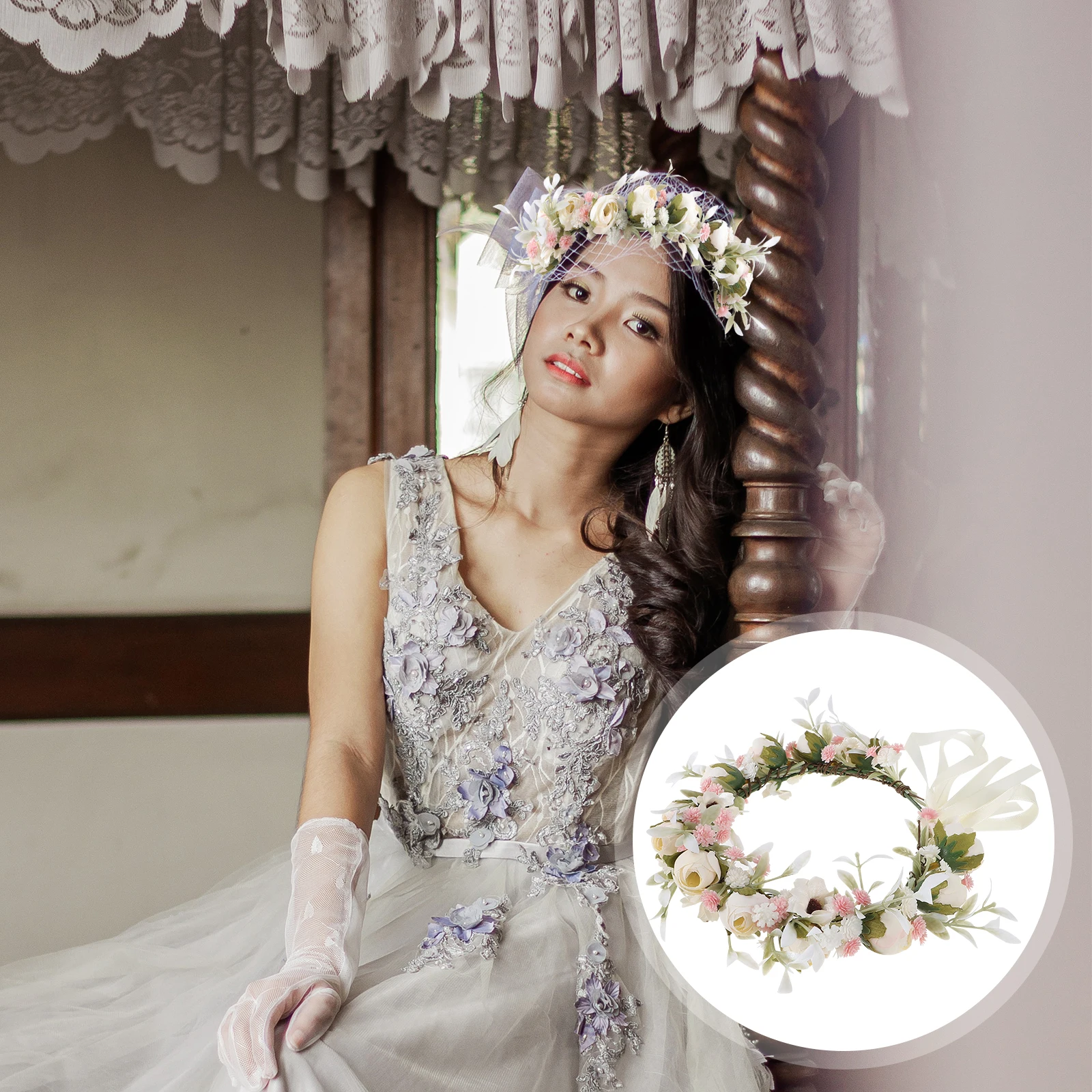 

Vintage Garland Floral Headdress Bride Flower Headband Fabric Bridal Wreath Headwear Stretchy Hairband