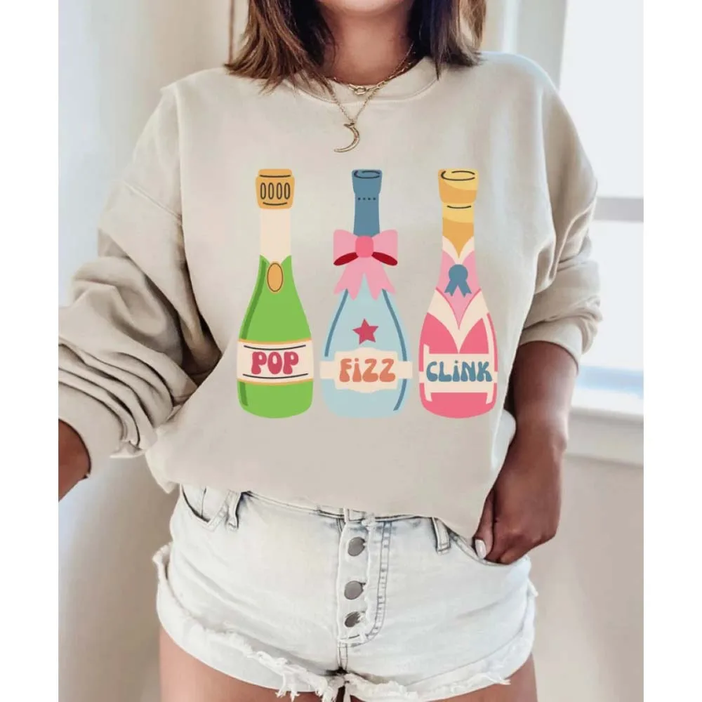 Pop Fizz Click Celebration Champagne Shirt Birthday Party Champagne Bottles Sweatshirt Fun New Year Coquett Aesthetic Clothes