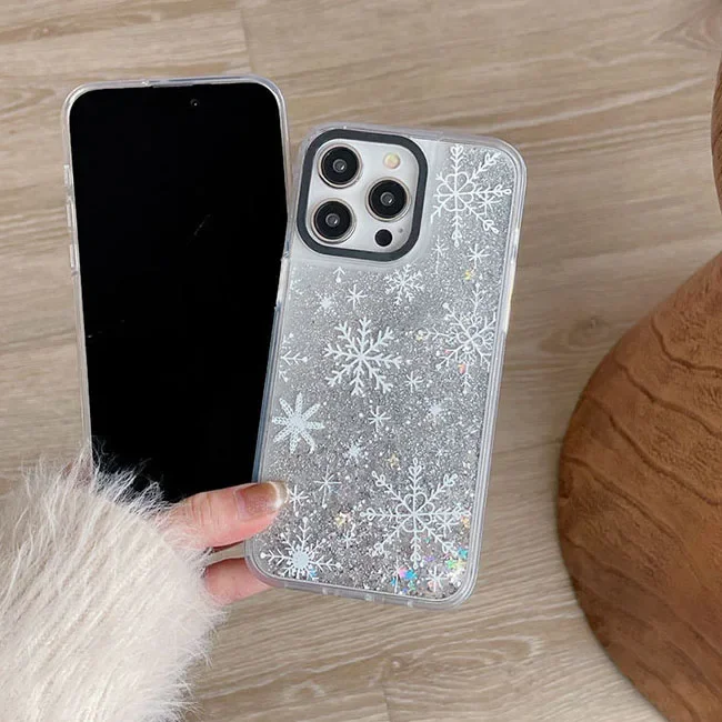 Shining Snowflakes Transparent Border Silver Quicksand Phone Case Cover for IPhone 12 13 14 15 Pro Max Case for IPhone 15 Pro