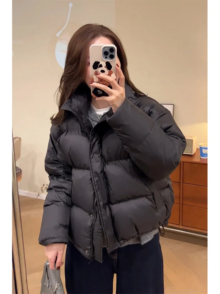 

Women's down Cotton Jaet 2025 New Winter ort Loose Thiened Stand Collar Bread Sle Coat Korean Sle Small Size