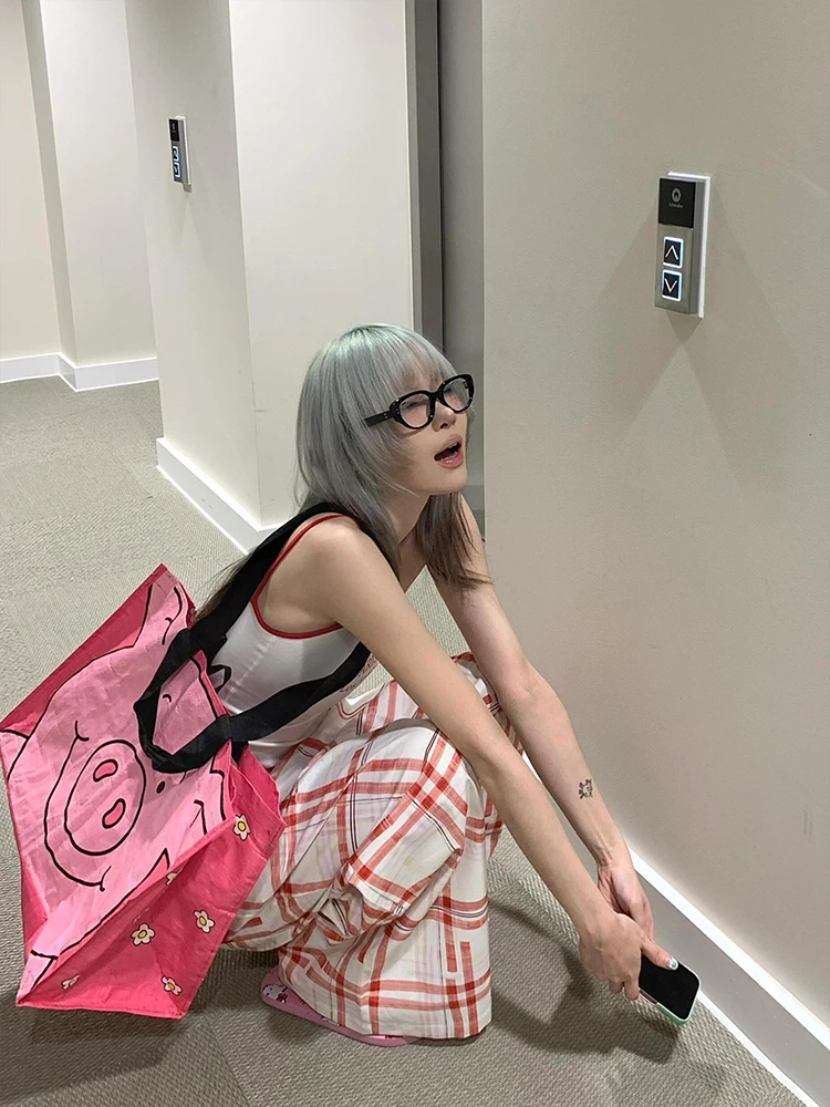 Plones Casus Retro a Cuadros Rojos para Mujer, Verano 2025, Nuevo Diseño, Estilo Hoado, Pierna Ancha Recta, Largos h...