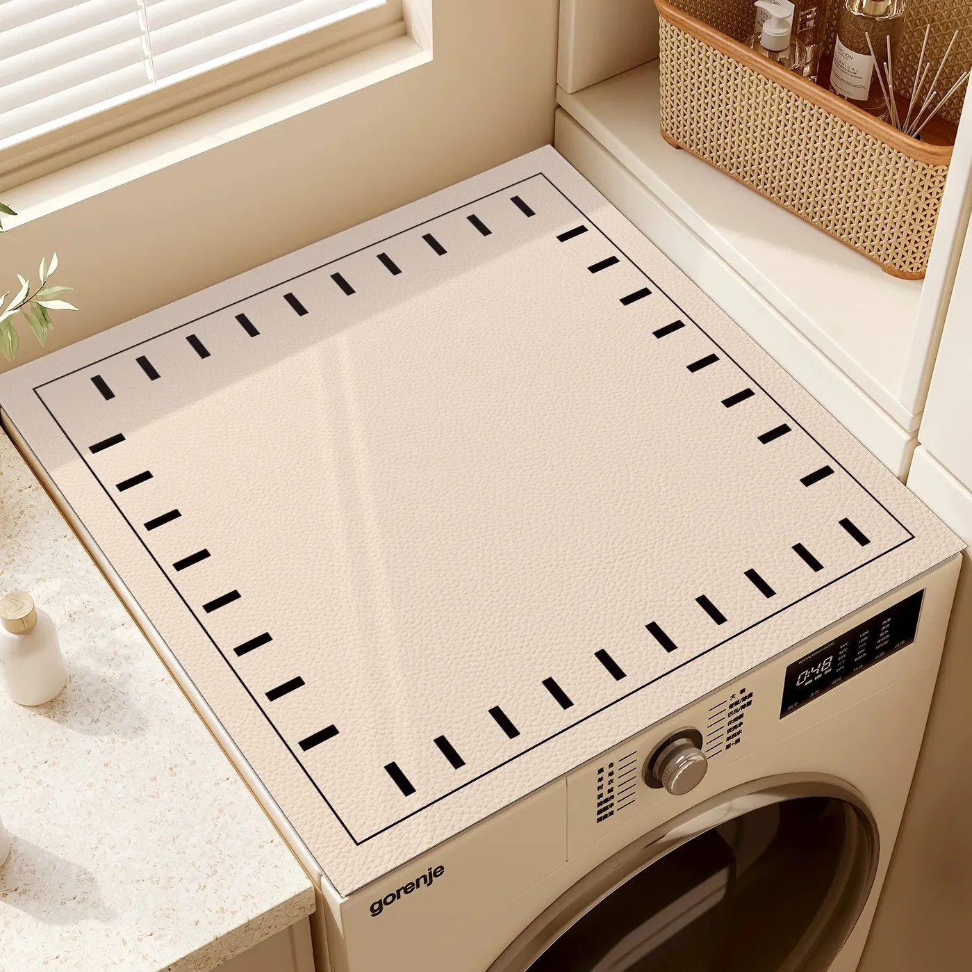 VIKAMA Solid Beige Border Washing Machine Top Mat Double Thin Frame Texture Waterproof Anti Dust Dryer Surface Pad Dust Cover