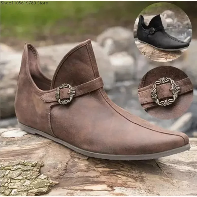Renaissance Medieval Vintage Brown Buckle Leather Short Flat Footwear Men Viking Knight Prince Pirate Cosplay Costume Accessory 6