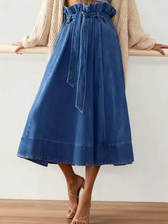

Women's vintage denim solid color versatile midi skirt with belt, elegant flared skirt