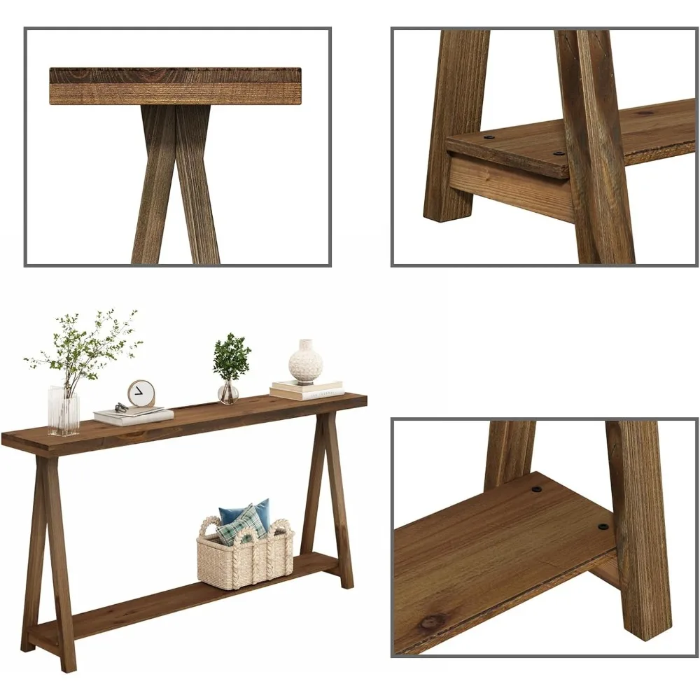 Rustic Solid Wood 2-Tier Console Table for Living Room, 63 Farmhouse Sofa Table, Natural Entryway Hallway Furniture