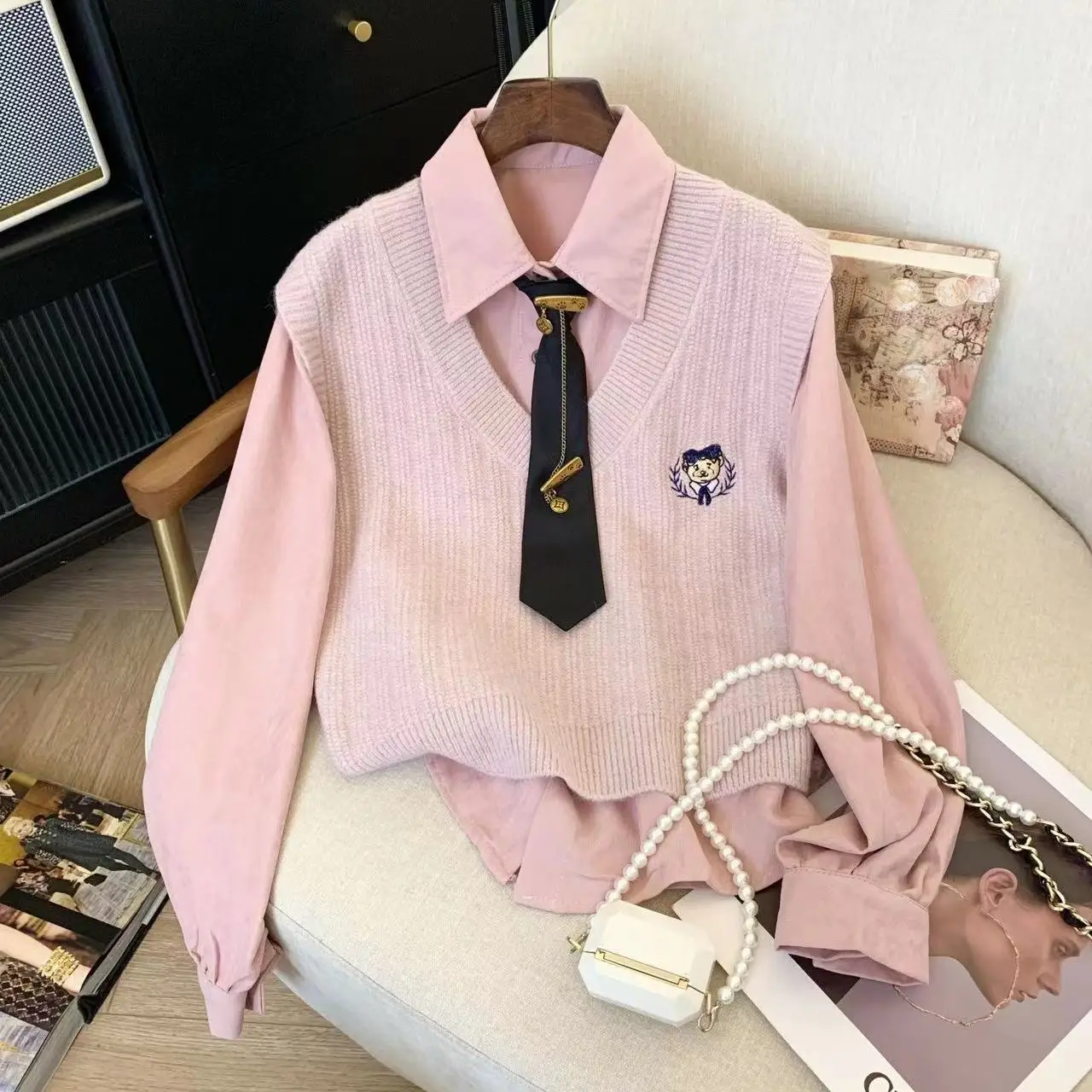 Autumn Winter Preppy Style Two-piece Suit Embroidered Sweater Vest Femme Sweet Buttons Long Sleeve Turn-down Collar Women Shirts