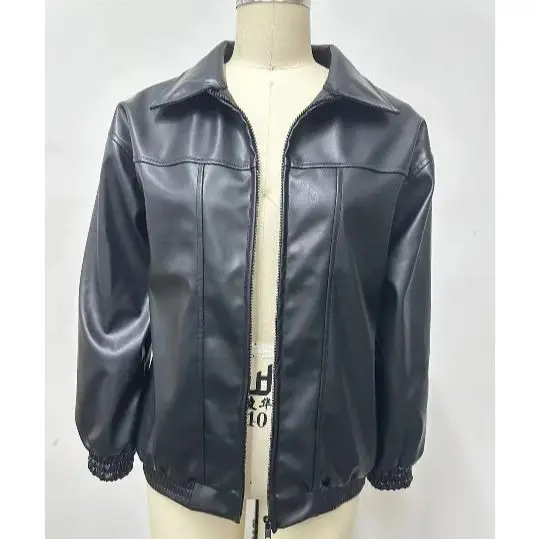 

Casual PU Leather Jacket Women Streetwear Autumn 2025 New Stand Collar Long Sleeves Coat Zipper Side Ket Windbreaker Outerwear