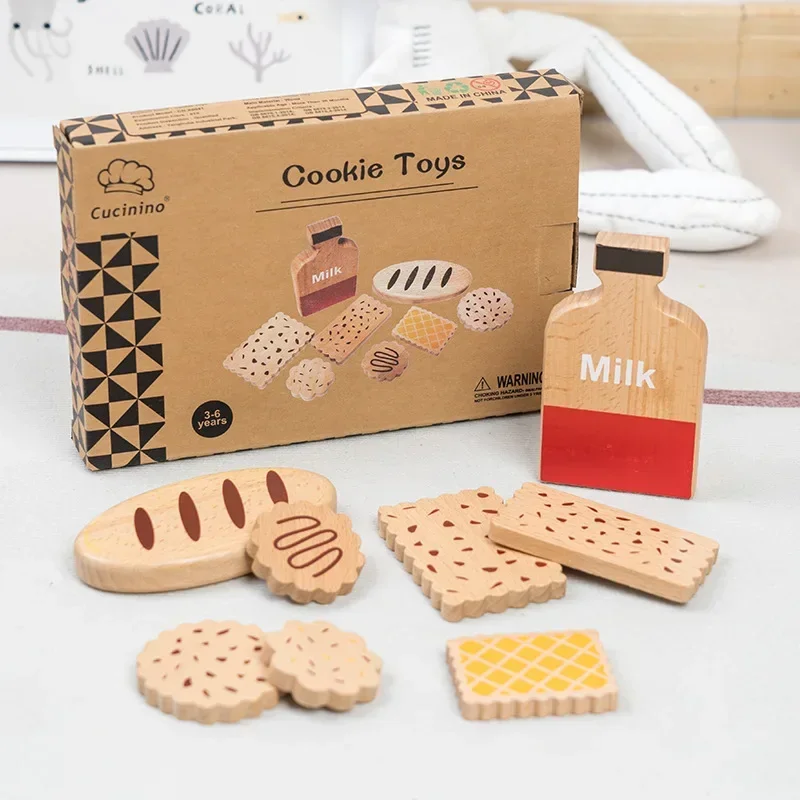 8pcs/lot High Quality Wooden Cookie Biscuits Milk Afternoon Tea Play house Puzzle Interactive Toys baby birthday gift