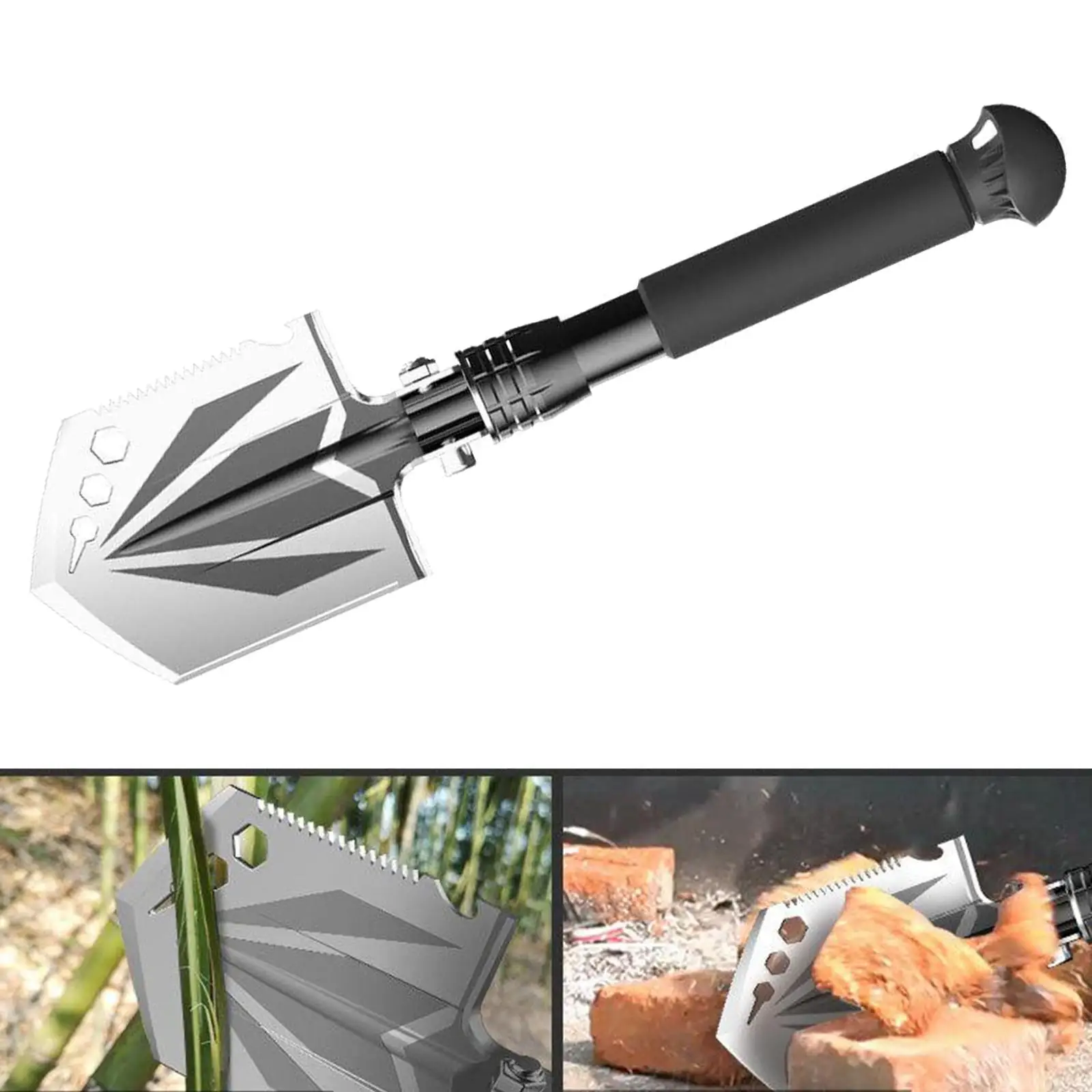 Heavy Duty Folding Shovel for Outdoor Camping Hiking with Axe Break Ice Function and Can Opener Bottle Tool