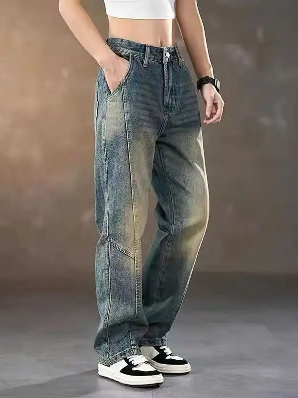 

Retro Waed American High Street Straight Leg Men's Jeans Spring Autumn New Loose Splicing Long Pants Youth Trend Resistant ...