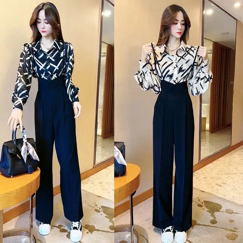 

Strap Pants Set Women's 2023 Spring Fashion New Fashionable Shirt+High Waist Slim Wide Leg Pants Fashion Two Piece Set