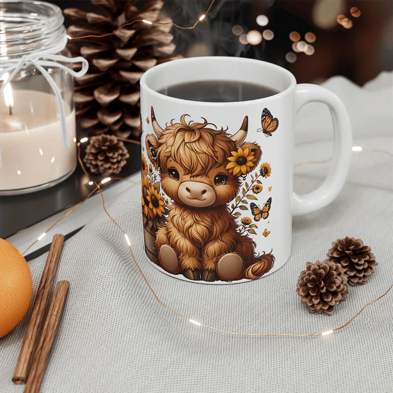 11 oz Floral Cow Print Ceramic Coffee Mug - Reversible design with adorable calf and sunflower, perfect gift for adults or famil