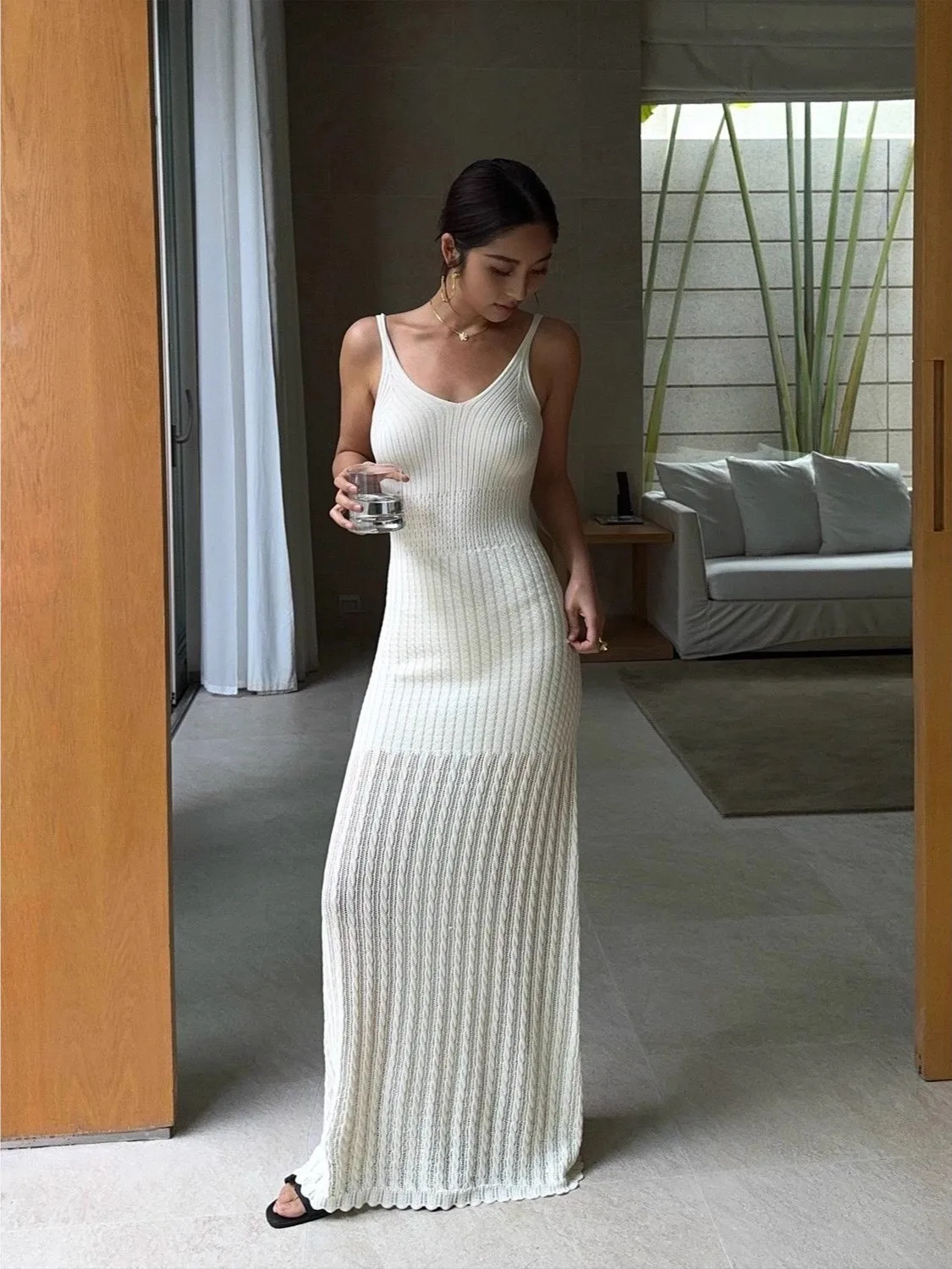 Elegant Knitted Dress New Style Strap Long Dress Women Slim Fit Hollow out Vest Korean Style Spring Autumn Winter Casual Wear