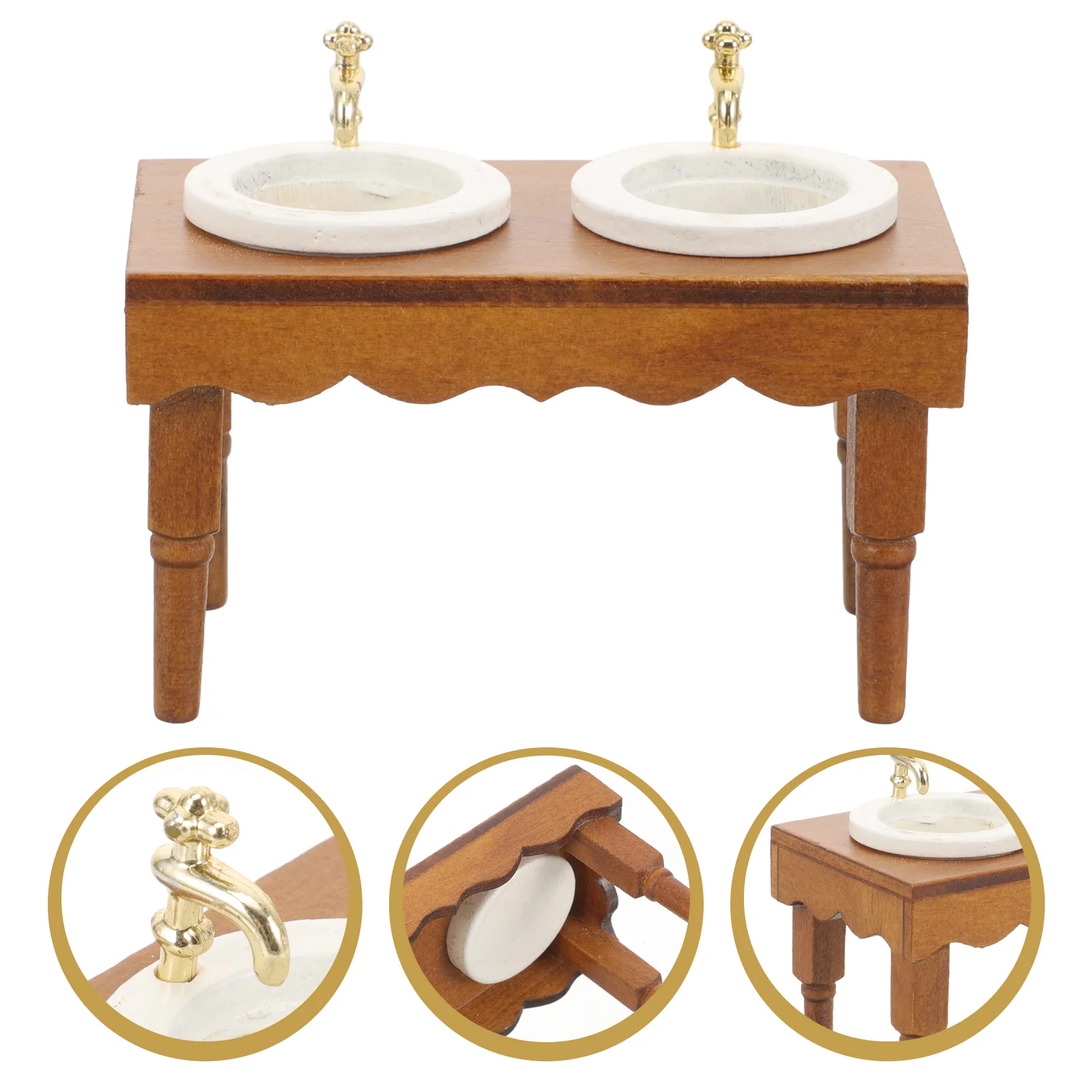 Muebles en miniatura para casa de muñecas, escena de baño, lavabo doble, lavabo, decoraciones de lavado de madera, accesorio marrón claro, 1:12