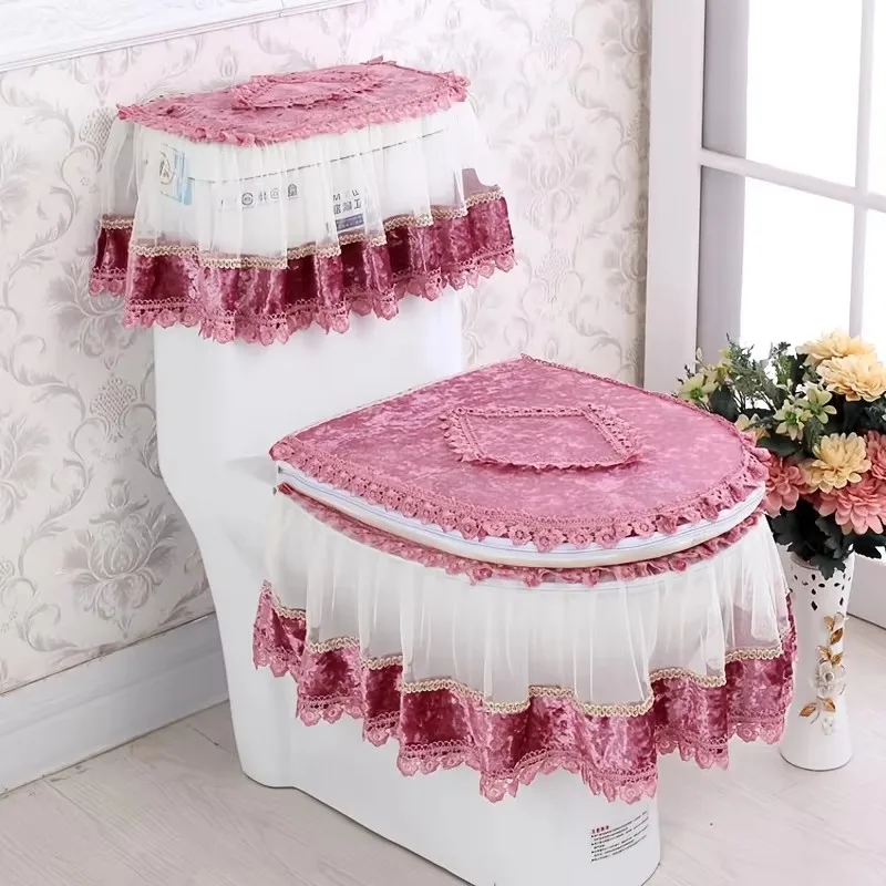 Elegante Juego de Cubiertas para Tapa de Inodoro, Decoración para Baño, Cubierta para Anillo de Inodoro, Cubierta Antipolvo para Tanque de Agua, Cojines Suaves para Asiento de Inodoro para las Cuatro Estaciones