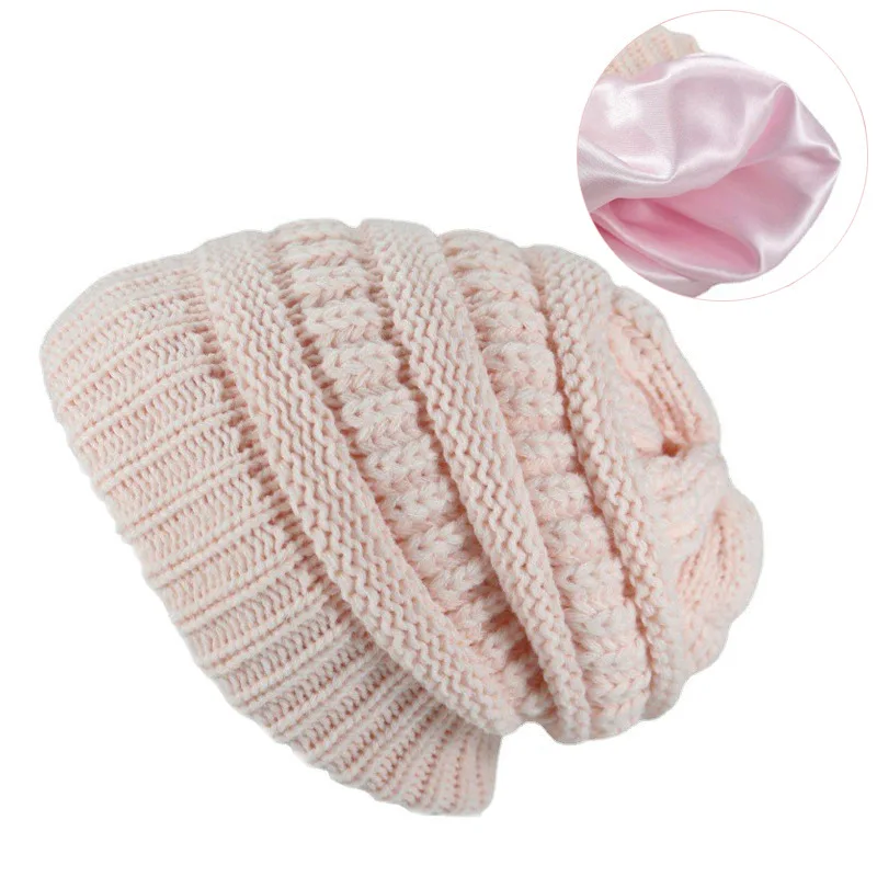 Satin Lined Beanie Hats For Women Men Autumn Winter Warm Casual Knitted Baggy Hat Silk Woman Bonnet Cap Unisex Skullies Beanies