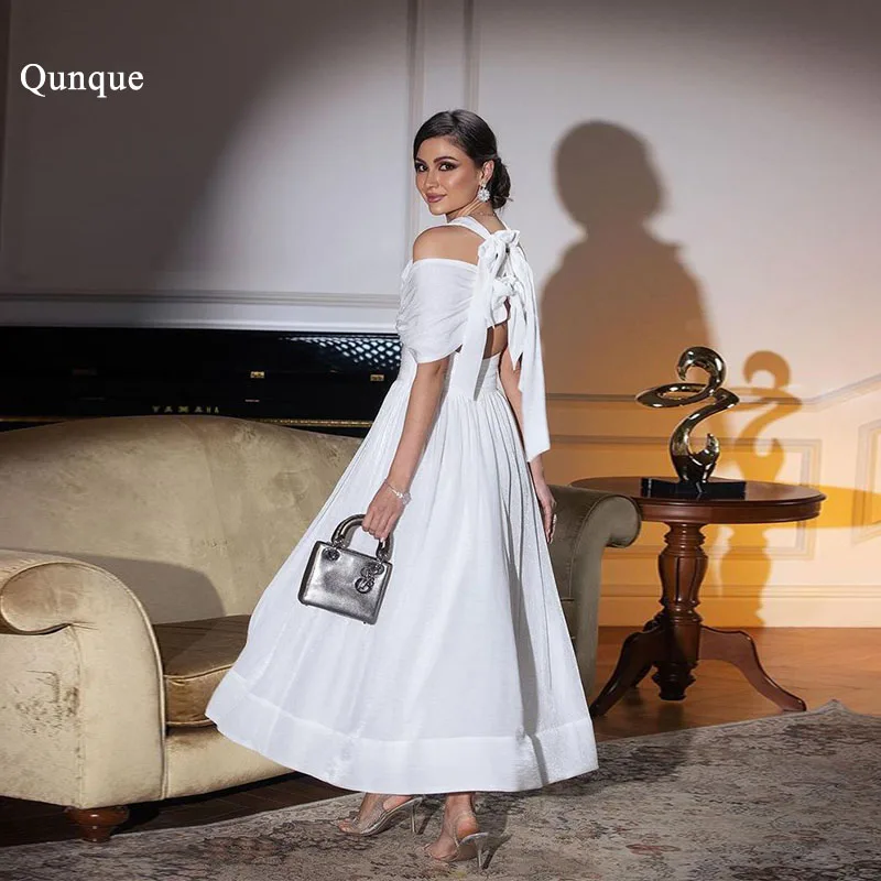 

Qunque Off Shoulder Chiffon Prom Dresses Vestidos De Festa Dubai White V-neck Bow Customized Celebrity Dress فساتين حفلة موسيقية