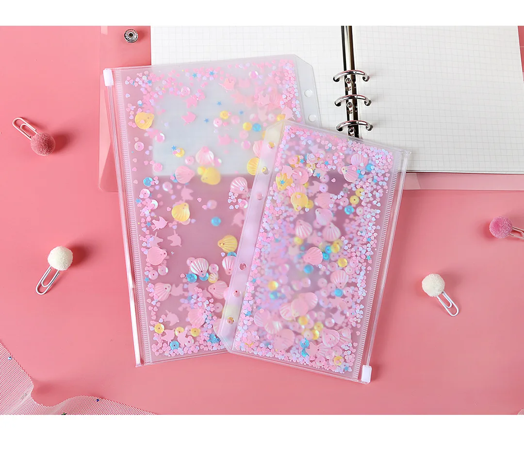 

9 шт. A5 A6, 6 отверстий, карманы для переплета, пластиковый чехол для конвертов на молнии, встроенные блестящие хлопья, украшение со звездами (розовый/синий/фиолетовый)