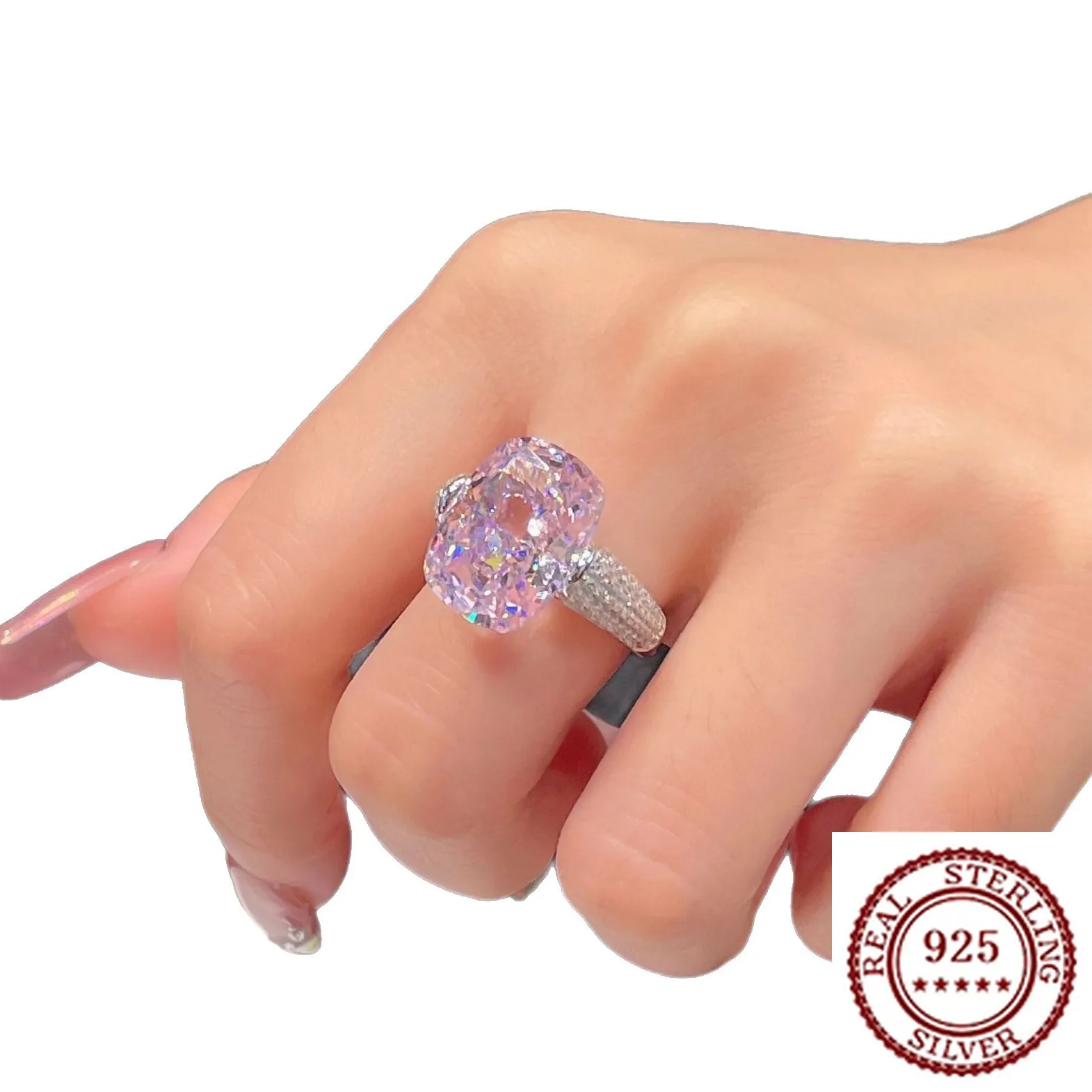 

2025 New Trendy 925 Pure Silver Classic Temperament Atmospheric Fashion Classic Women Pink Fat Square Ice Flower Cut Stone Ring