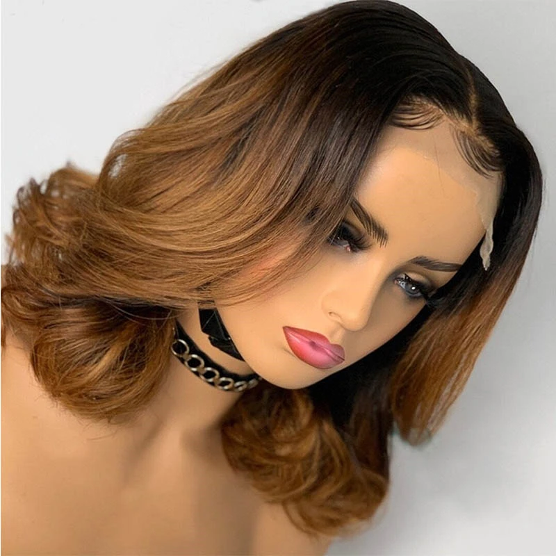 Short Bob 16inch 200 Density Ombre Brown Wave 5x5 Silk Base Jewish Human Hair Wigs Baby Hair HD Lace European Hair Preplucked