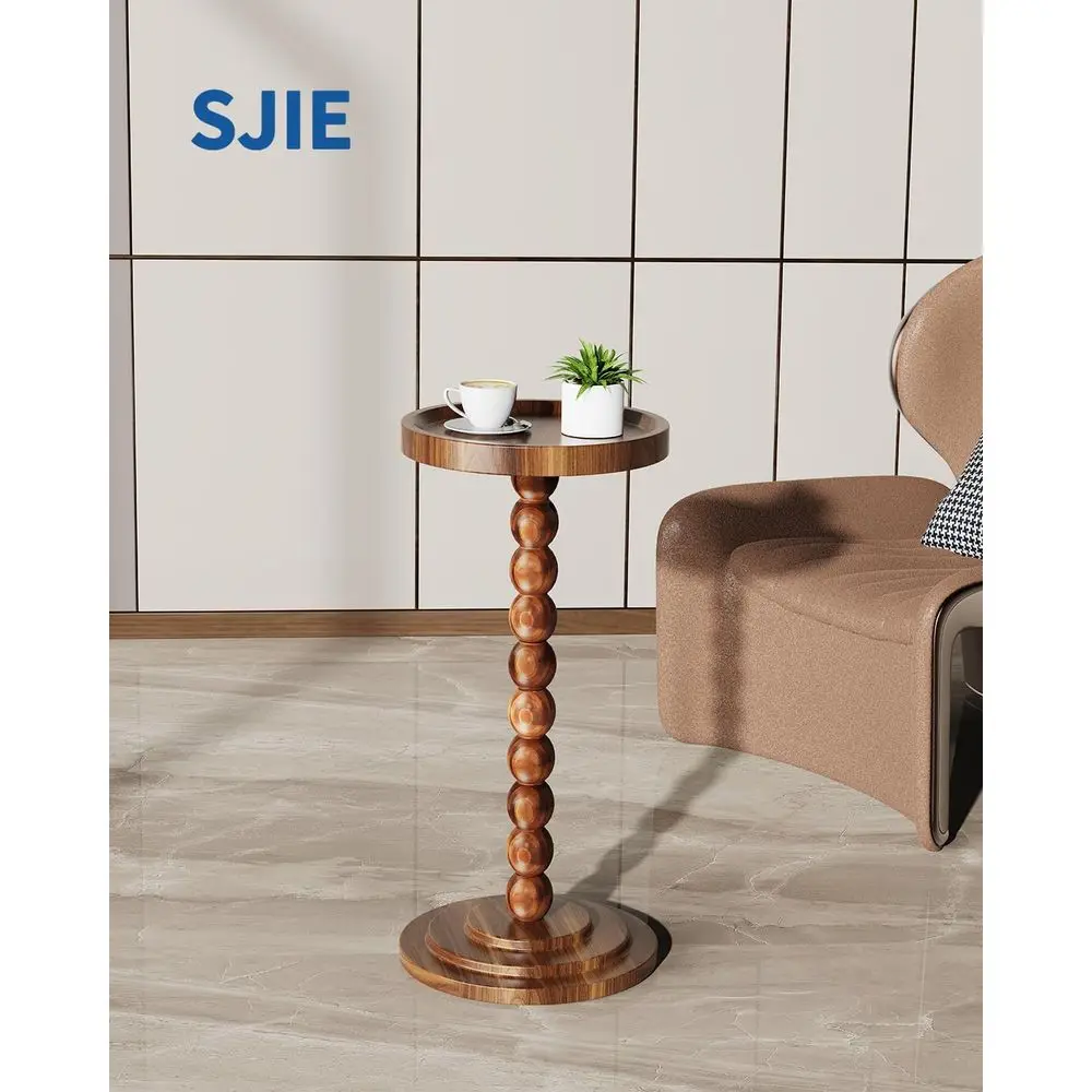 Round Wooden Side Table & Drink Table | Sturdy & Functional - Century Modern Design with Solid Wood Columns for Living Room, Bed