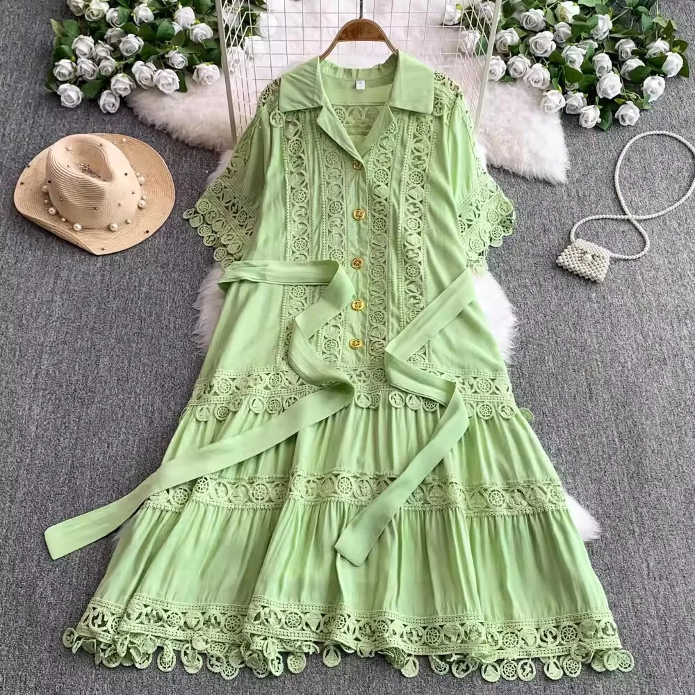 Elegant Summer Embroidery Long Dress Shirt Women Hollow Out Short Sleeve Loose Size A Line Midi Dresses Party Evening Vestidos