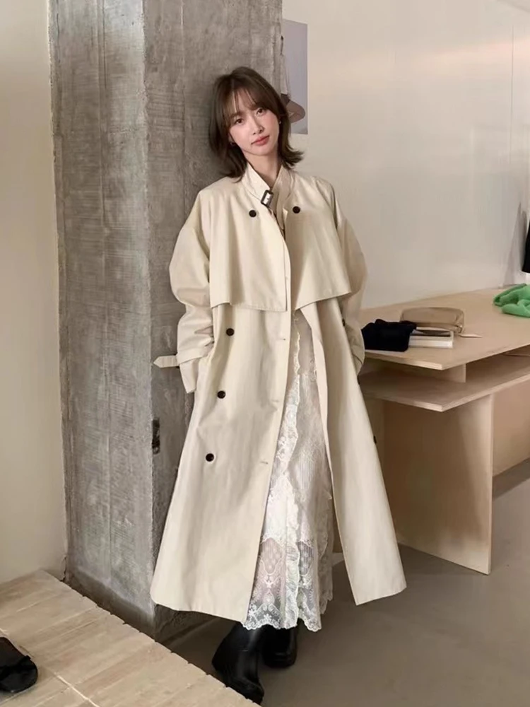 

Chic Autumn New Sle Double-Row Button Loose Casual Long Coat Women's Stand Collar Windbreaker Sle Jaet Korean Version