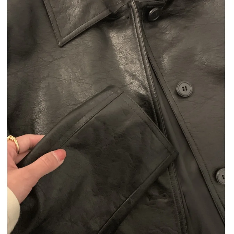 Self-made Black Short Leather Women 2024 Spring and Autumn New Loose and Thin Pu Leather Jacket Advanced Sense Coat Women