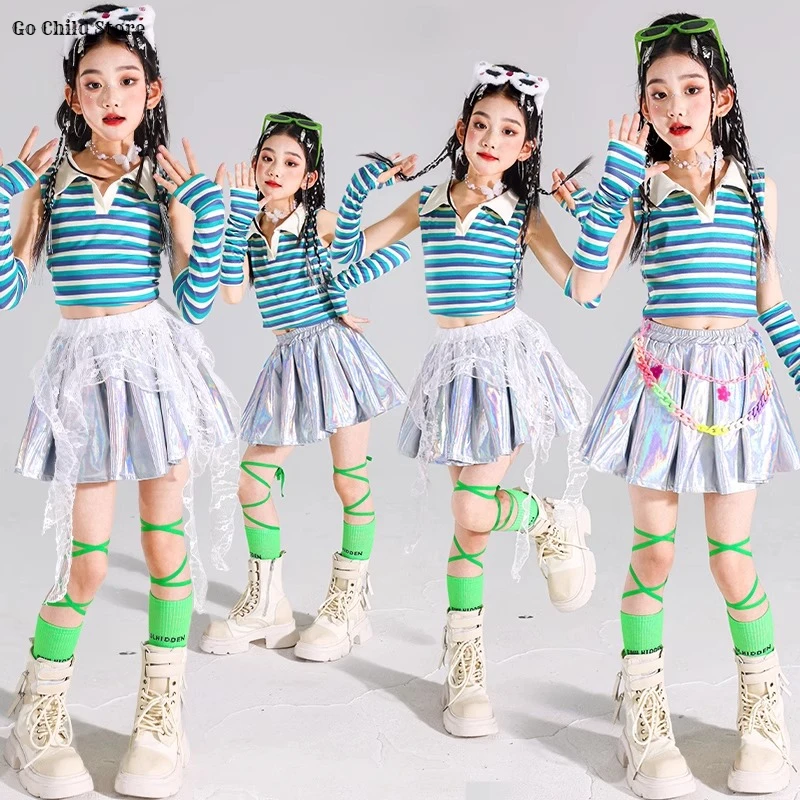 Hip Hop Girl Striped Crop Top Street Dance Silver Shiny Skirts Kids K-pop Streetwear Child Jazz Girl Group Costumes Clothes Sets