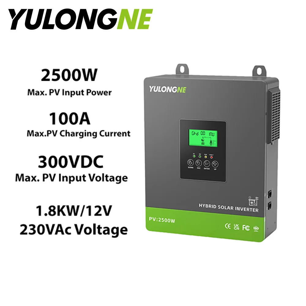 1800W Off‑Grid Pure Sine Wave Hybrid Solar Inverter DC12V‑230V AC MPPT Solar Charger Max 2500W PV Input Home Solar Energy System