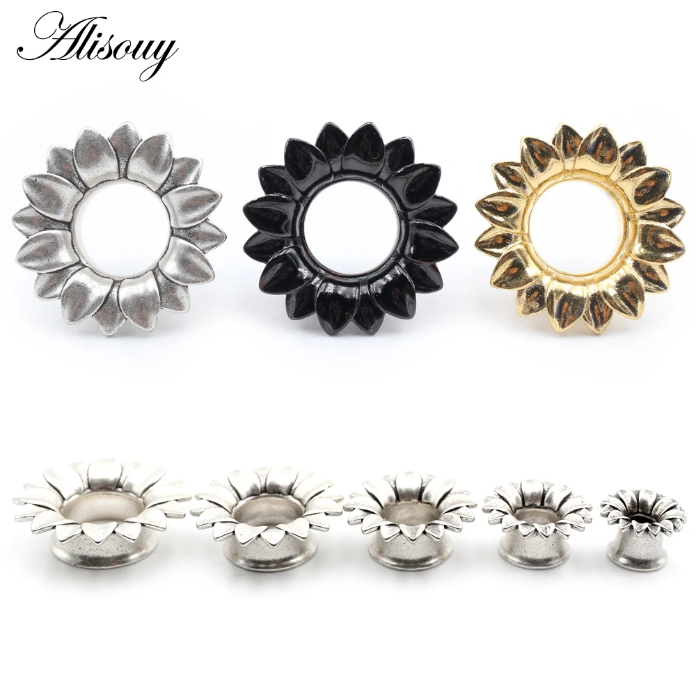 Alisouy 1PC odlew ze stopu Hollow kwiat liść rozkloszowane tunele do uszu korki Expander nosze wskaźniki kolczyki Piercing biżuteria do ciała