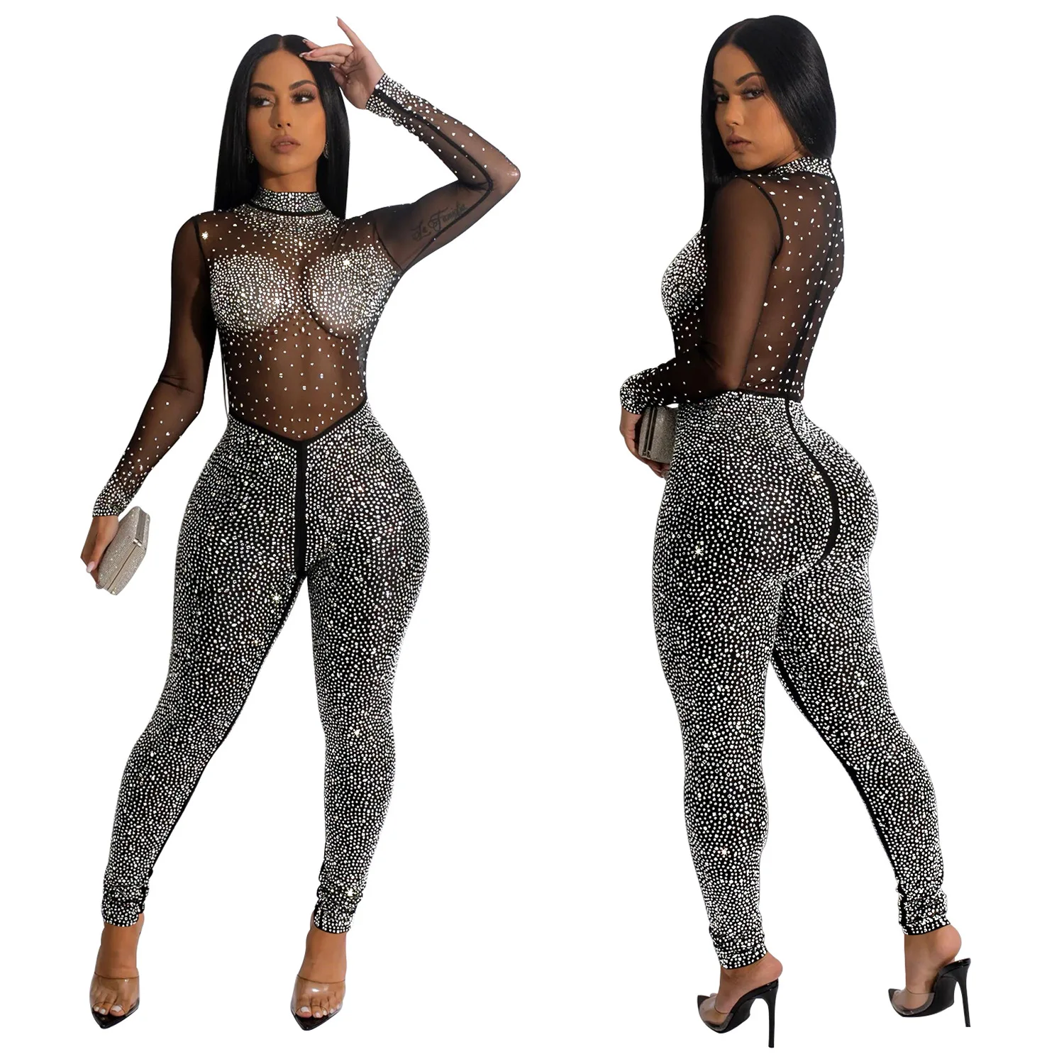 Sexy Party Prom Nightclub Club Banquet Solid Color Mesh Hot Drilling Long Sleeve Long Pants Jumpsuit