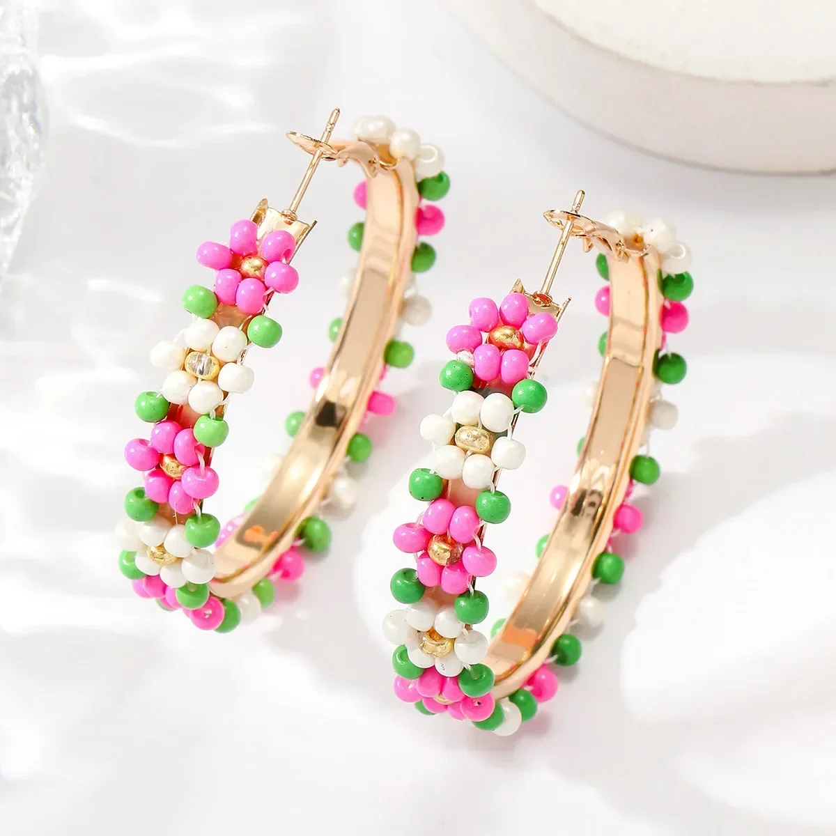 2025 Handmade Bead Earring Colour Flowers Circle Individuality Hand knitting Bohemia  Fashion Simple Beaded earrings