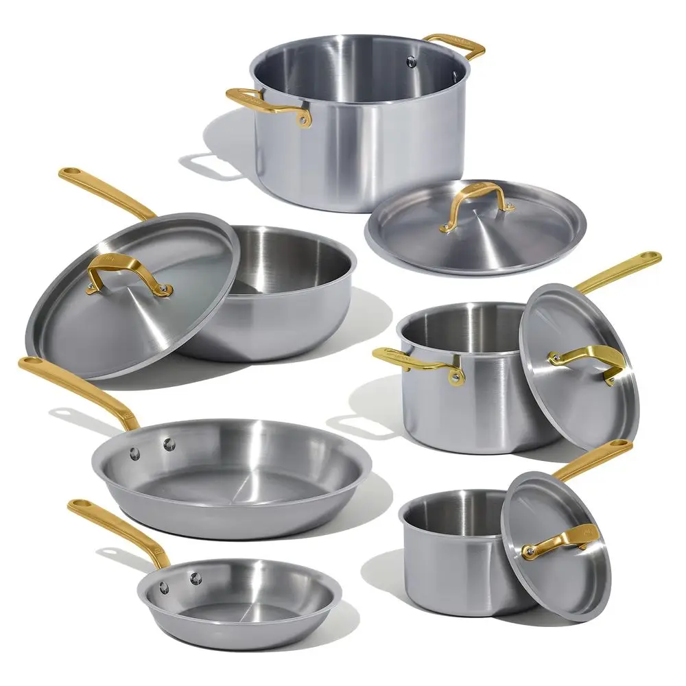 Cookware 10 Piece Stainless Steel Pot and Pan Set Antique Brass Handle 5 Ply Clad Includes Stainless Steel Frying Pans, Saucepa