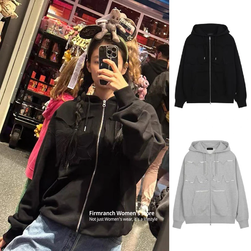 Firmranch Korean Jennie Clothes Bowknot Joy Oversize Hoodies For Women Cotton Black & Grey Zip Up Hood Sweatshirt