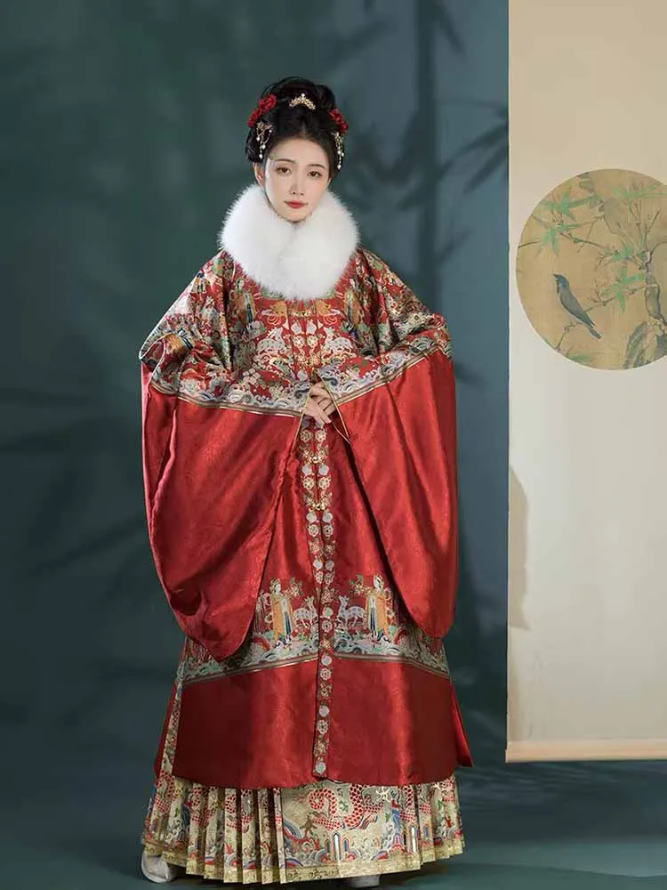 Ming Style Stand Collar Long Jacket Women Red Jacquard Brocade Hanfu Top Wide Sleeve Traditional Chinese Bridal Outerwear