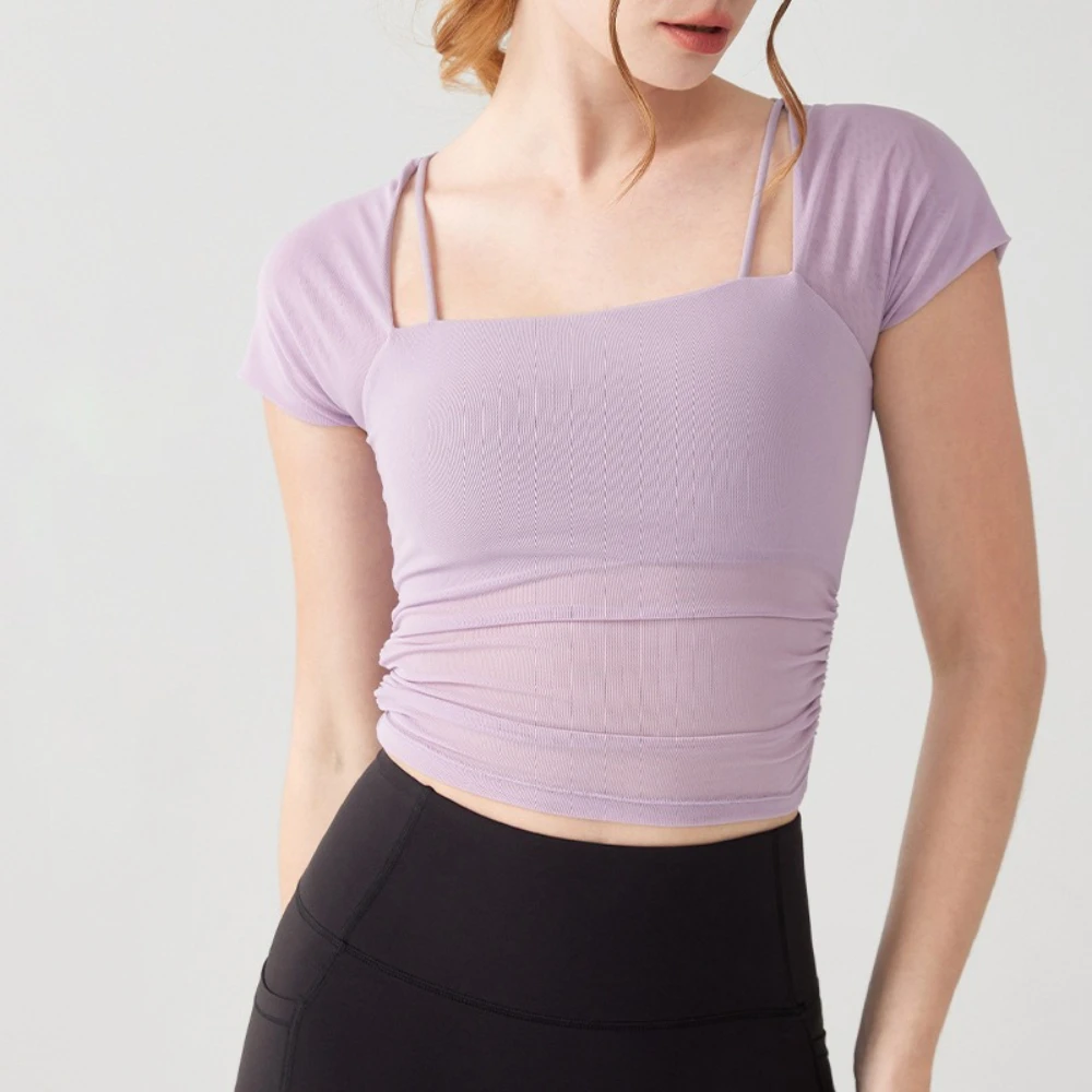 

MIML crop top women t-shirts sports top for women mesh fixed chest pad running yoga short sleeve fitness Casual Sports Bra Top