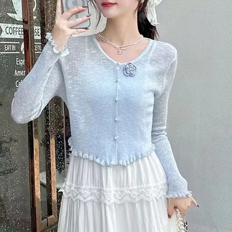 

Новые женские вязаные свитера с длинными рукавами, кардиганы с круглым вырезом, цветочный узор, вязаные топы, трикотаж Q3549